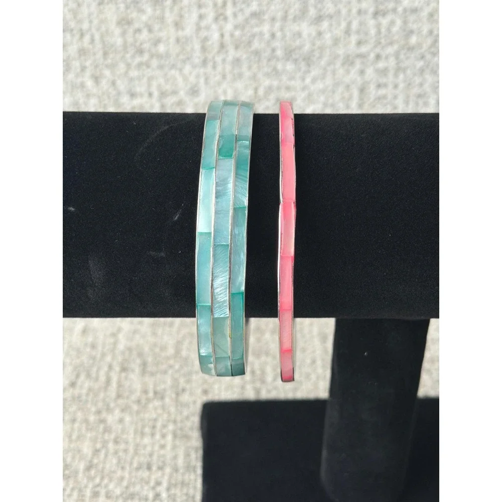 Vintage Mother of Pearl Shell Inlay Bangle Bracelet Set Teal Pink Silver Tone